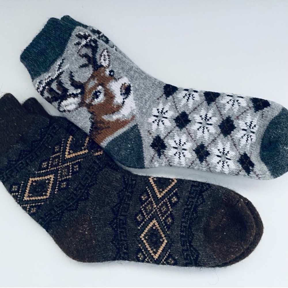 Wool 2 Pairs Socks New Size 39-40 Cozy Winter Patterned Socks - Gray and Brown